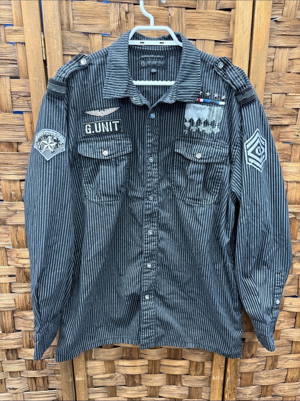 Vintage Y2K G-Unit Pinstripe Military Patch Button-Up Shirt - Black/Grey